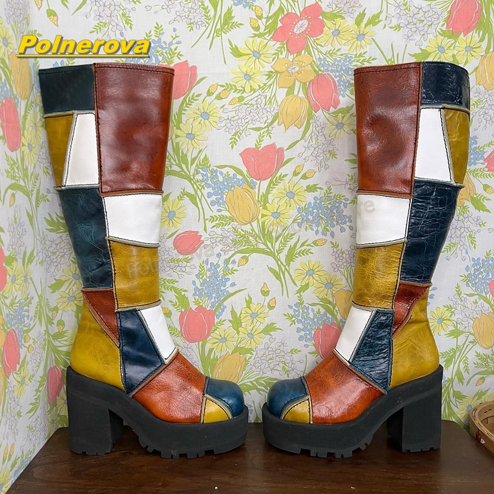 Street Fashion Vintage - Women Retro Patchwork Leather Knee High