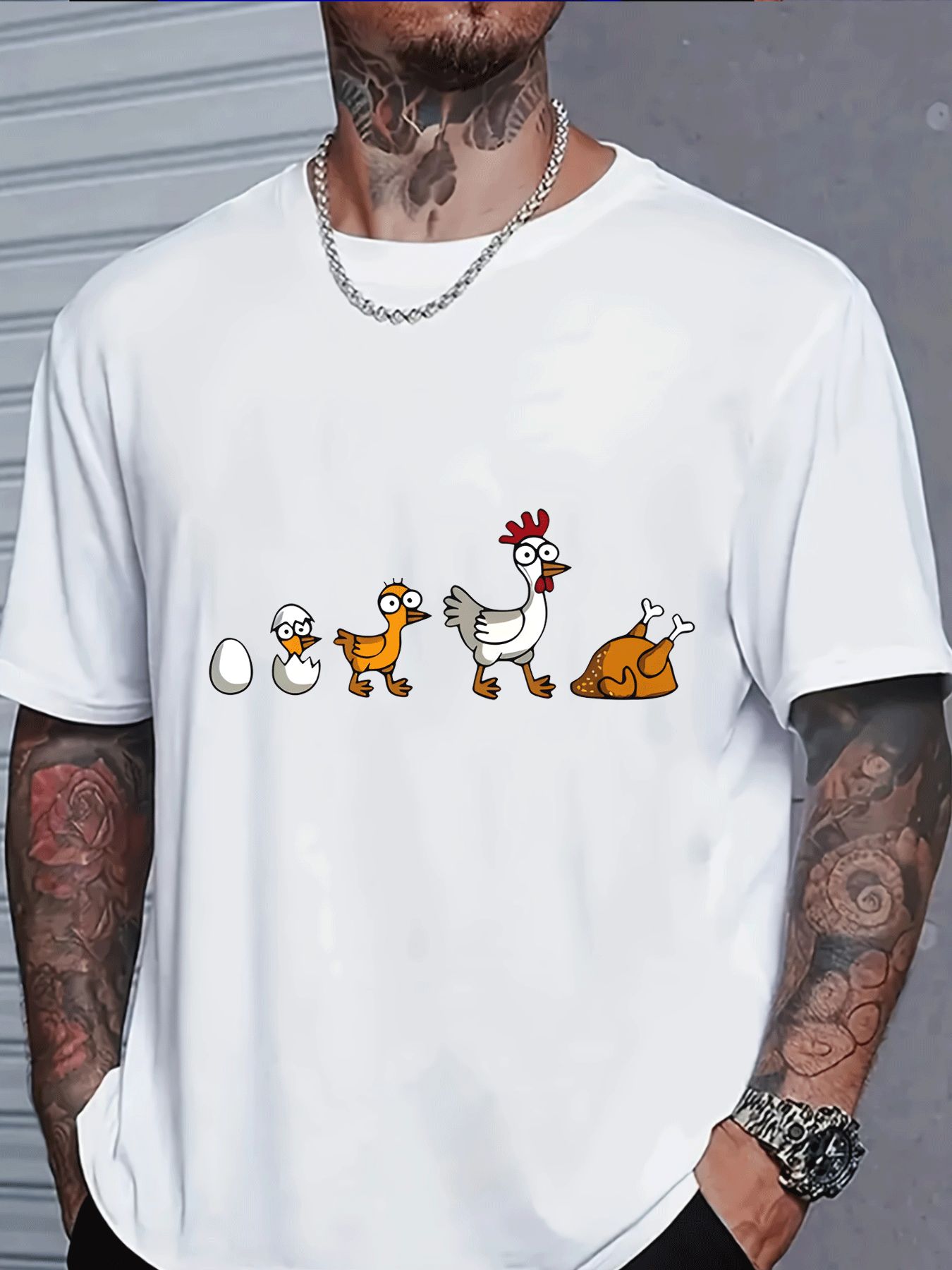 Street Fashion Evolution - Mens White Crew Neck Tee Chicken