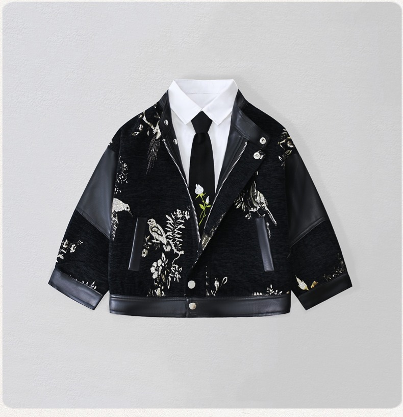 Street Fashion Kids - Gentleman Kids Embroidery Motorcycle Pu Leather